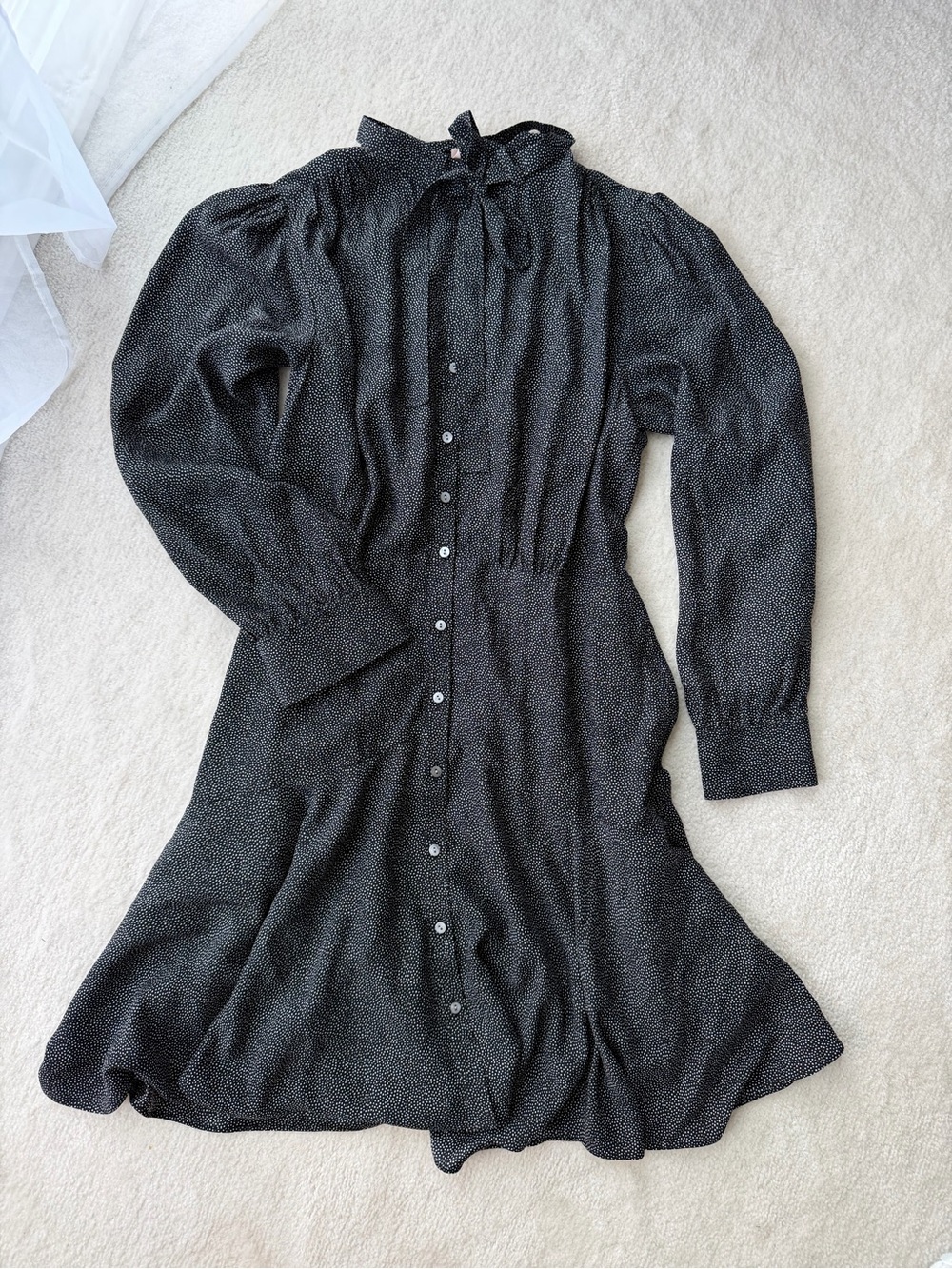 Rebecca Taylor 100% Silk Black White Sprinkle Dots Button Dress Tie Neck